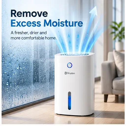 Drydon dehumidifier beside a condensation-covered window with blue airflow